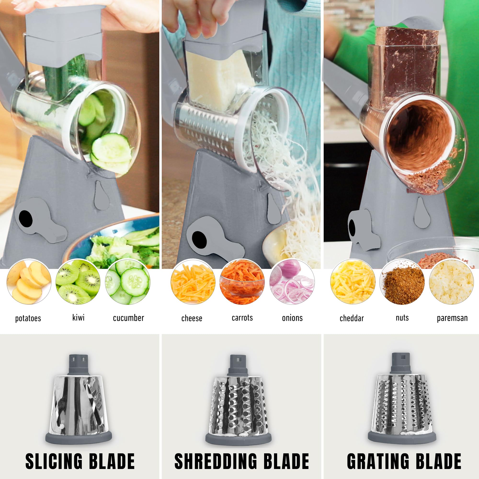 Dishwasher-safe EMSON rotary grater makes cleanup quick.