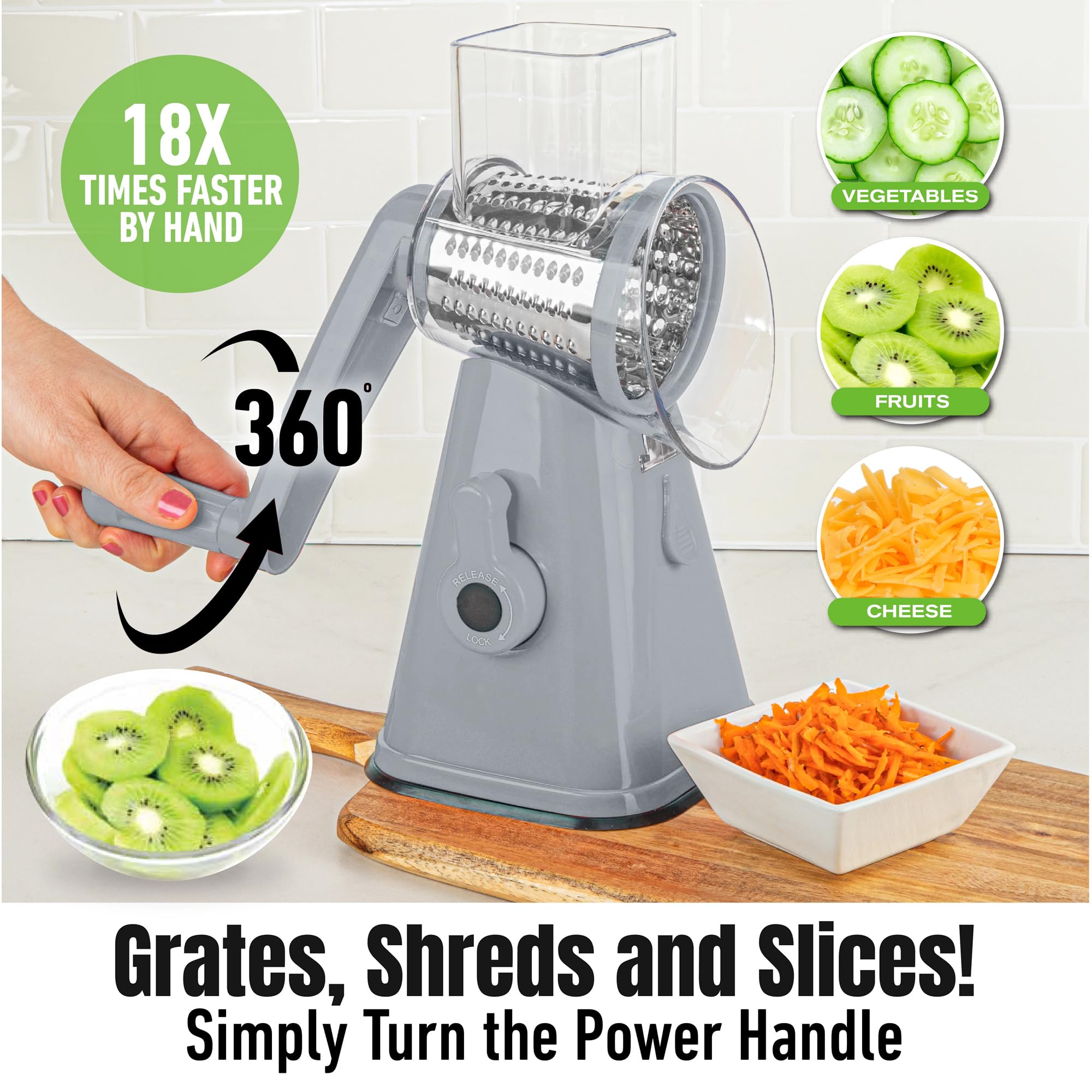 Stainless steel drum on EMSON grater for precise slicing.