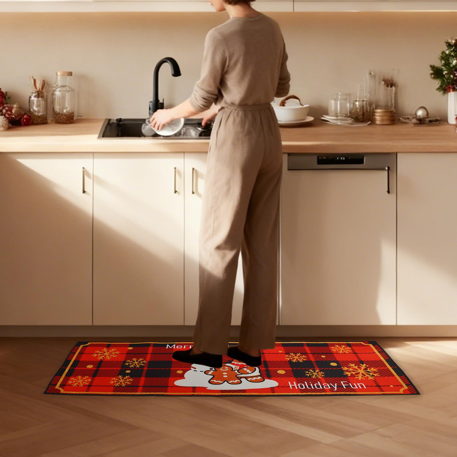 Enbelcto non slip backing crystal velvet rug stays in place during cooking.