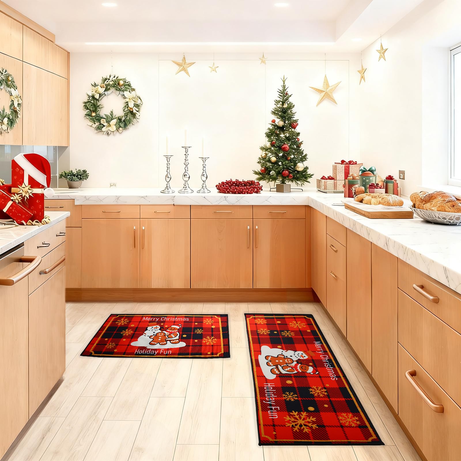 Enbelcto snowflakes detail emphasizes festive rug design.