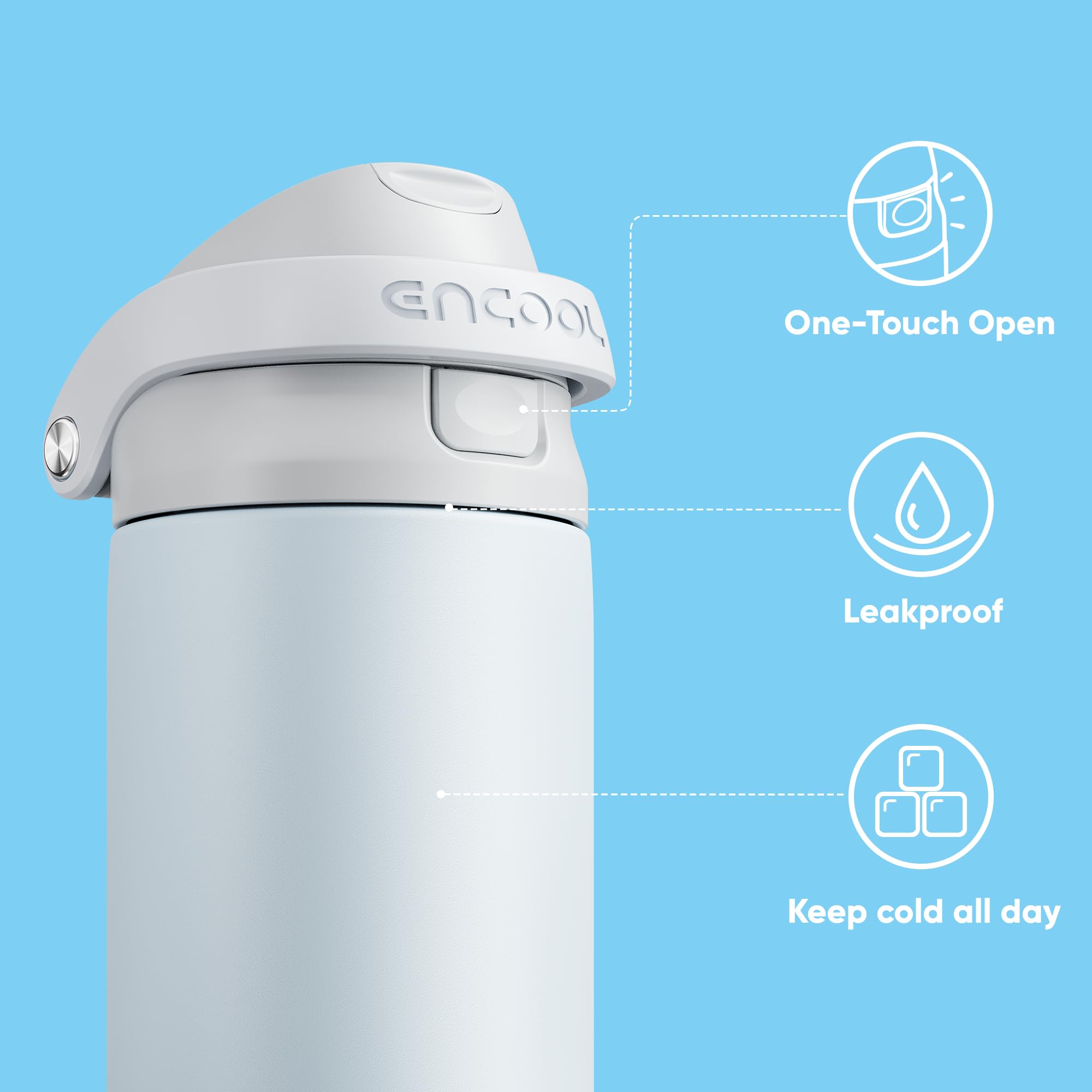 ENCOOL 24oz stainless steel bottle keeps drinks cold all day.