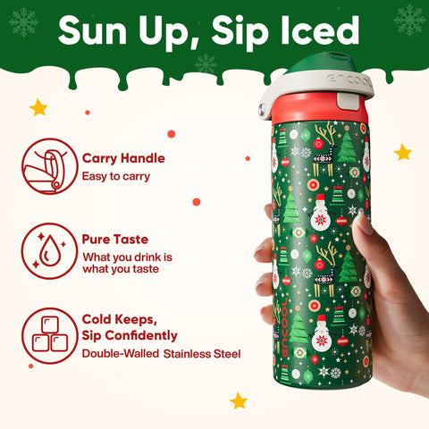 ENCOOL Holiday design bottle featuring snowmen and bells for festive flair
