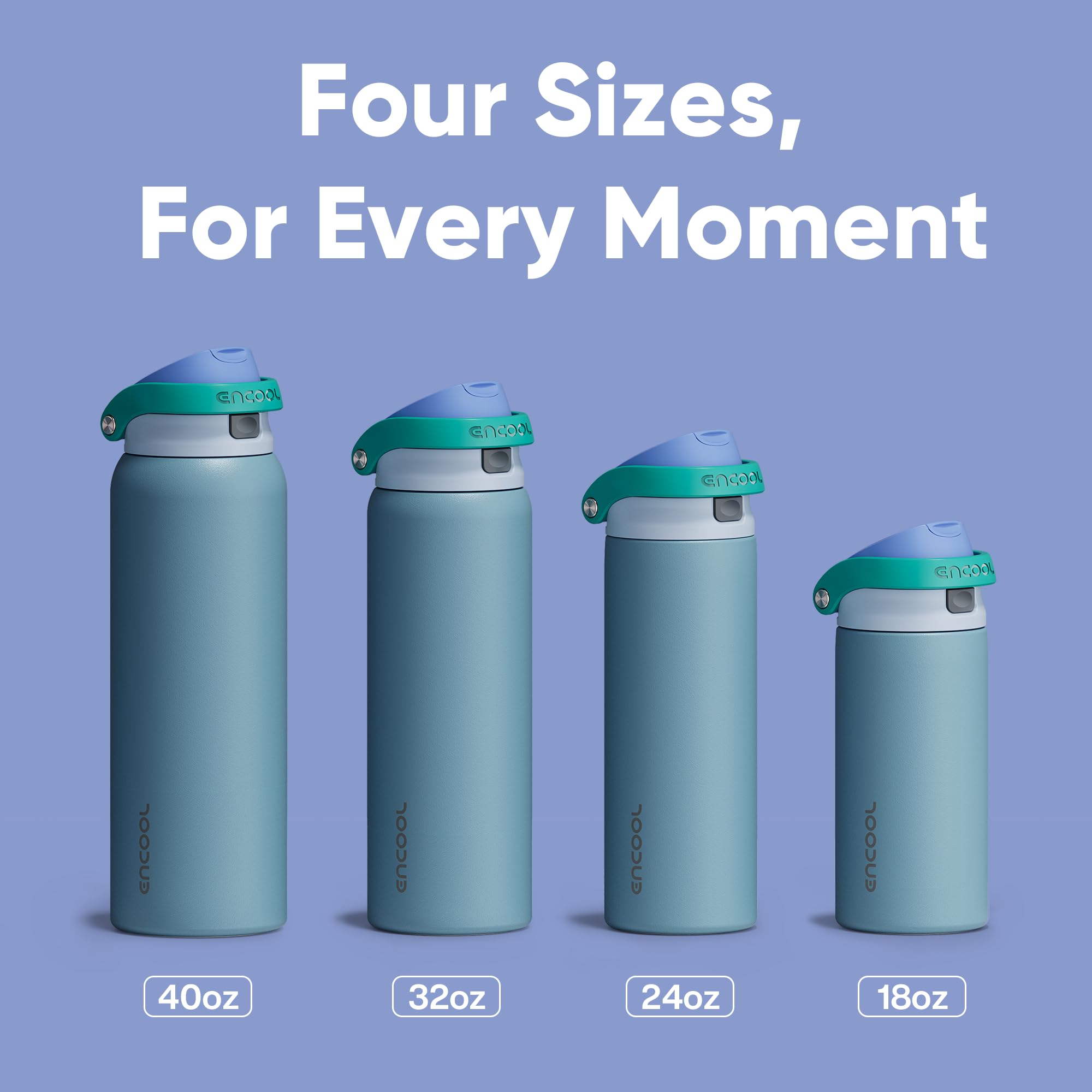 ENCOOL teal bottle ergonomic grip enables comfortable one-handed carry.