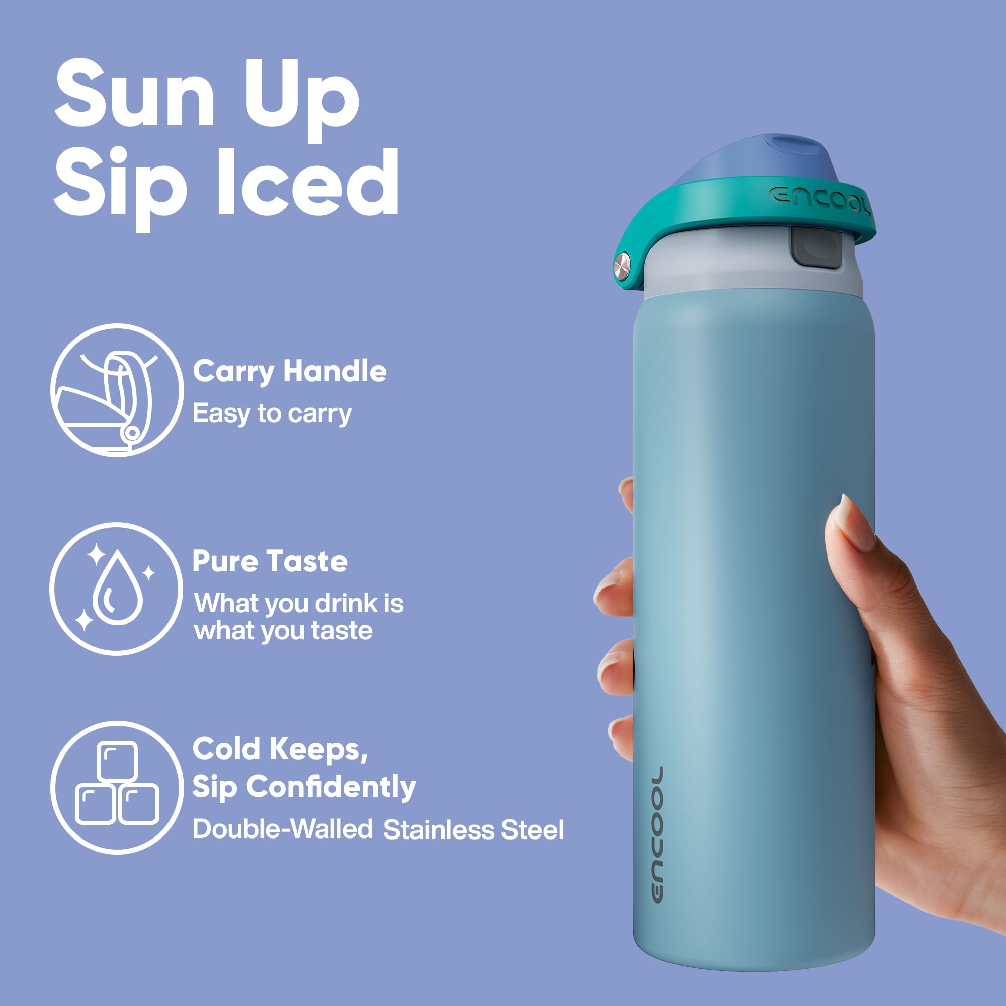 ENCOOL teal bottle with reinforced lid ready for durable daily use.
