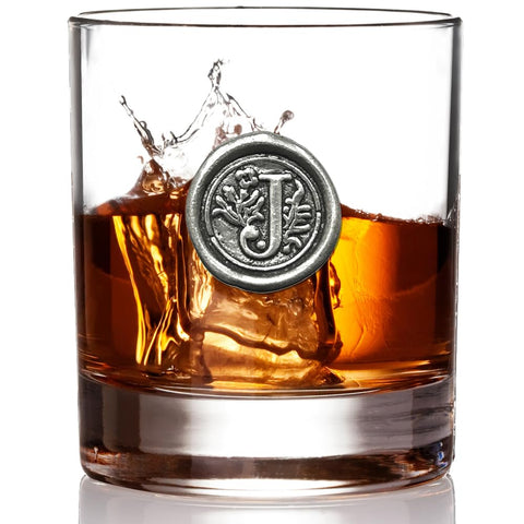 Monogram J initial close-up on the 11oz glass for personalized gifting.