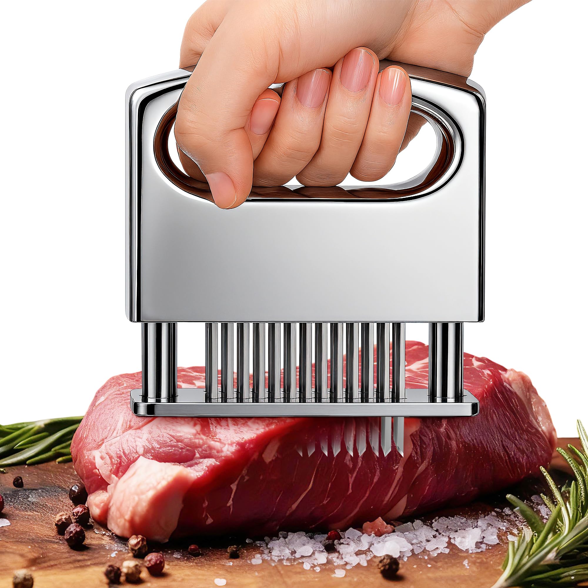 Enhon meat tenderizer close-up of 48 blades for deep tenderizing and marinade readiness