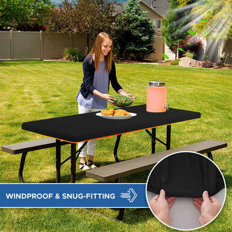 Enjoyidea black spandex tablecloth adds sleek, durable indoor look.