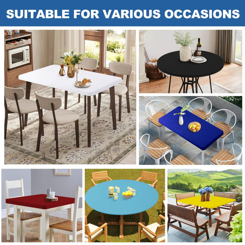 Enjoyidea easy-on-off tablecloth installed by one person on a card table.