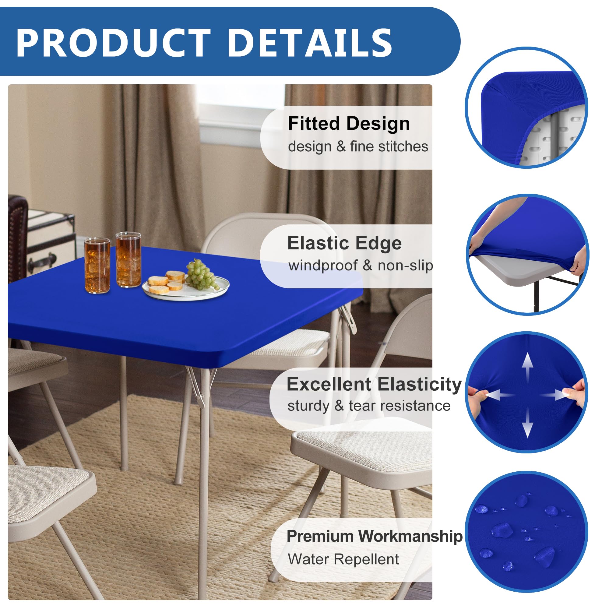 Enjoyidea elastic-edge square tablecloth blue, secure fit against wind and shifting.