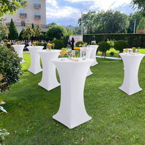 Enjoyidea outdoor event setup with tablecloths offering sleek, stain-resistant coverage