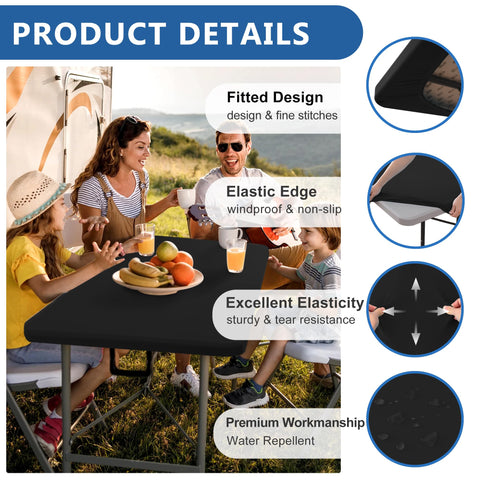 Enjoyidea two-pack black stretch tablecloths simplify setup for any dining occasion.