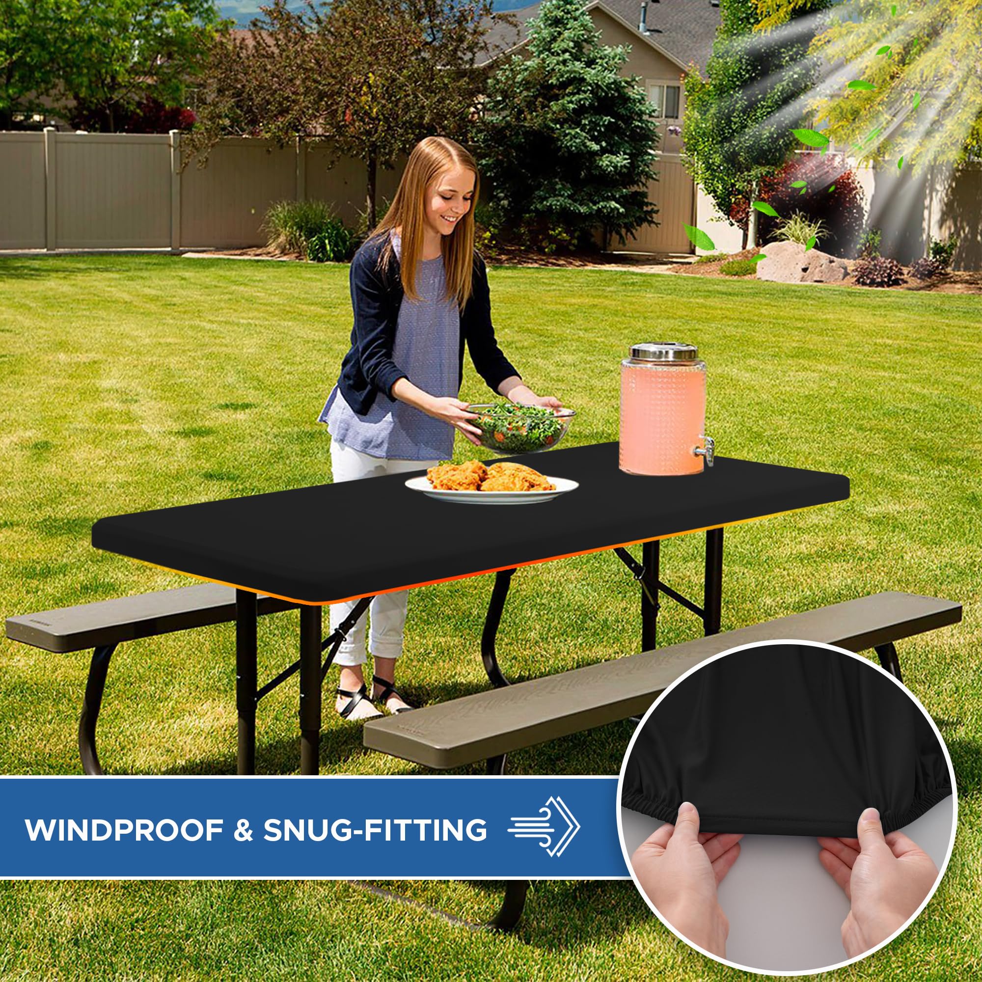 Enjoyidea water-repellent fabric protects tables during outdoor meals.