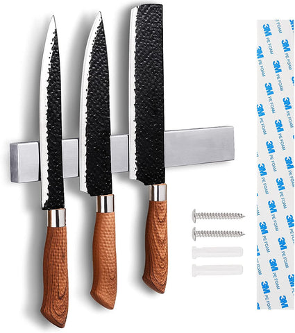 Enkrio 8-inch magnetic knife strip on wall for easy, drill-free access.