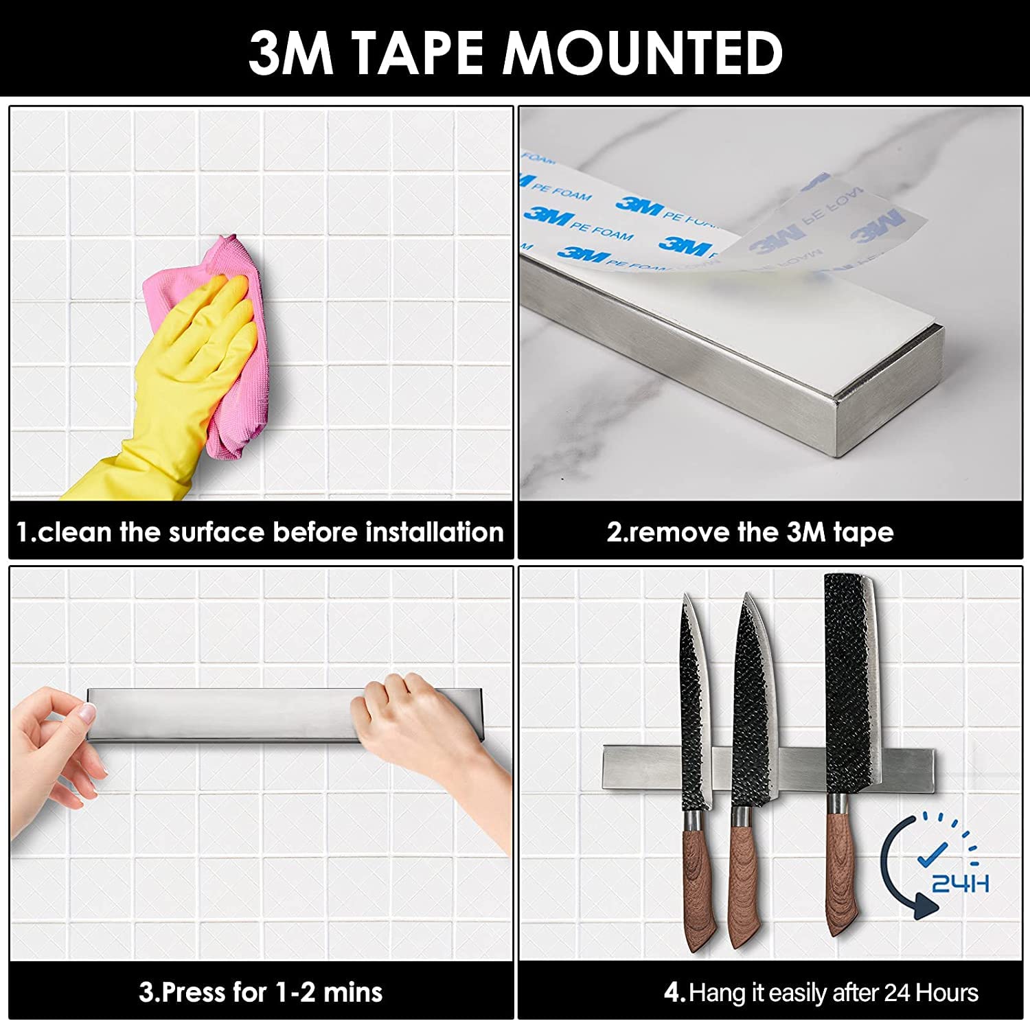 Enkrio magnetic strip holding knives and tools for a tidy kitchen workflow