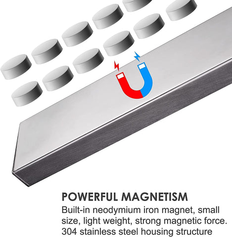 Enkrio stainless steel magnetic knife strip provides strong hold for kitchen tools.
