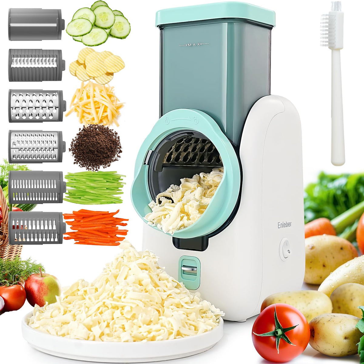 Enleber electric cheese grater in box, ready to simplify prep and meal planning.