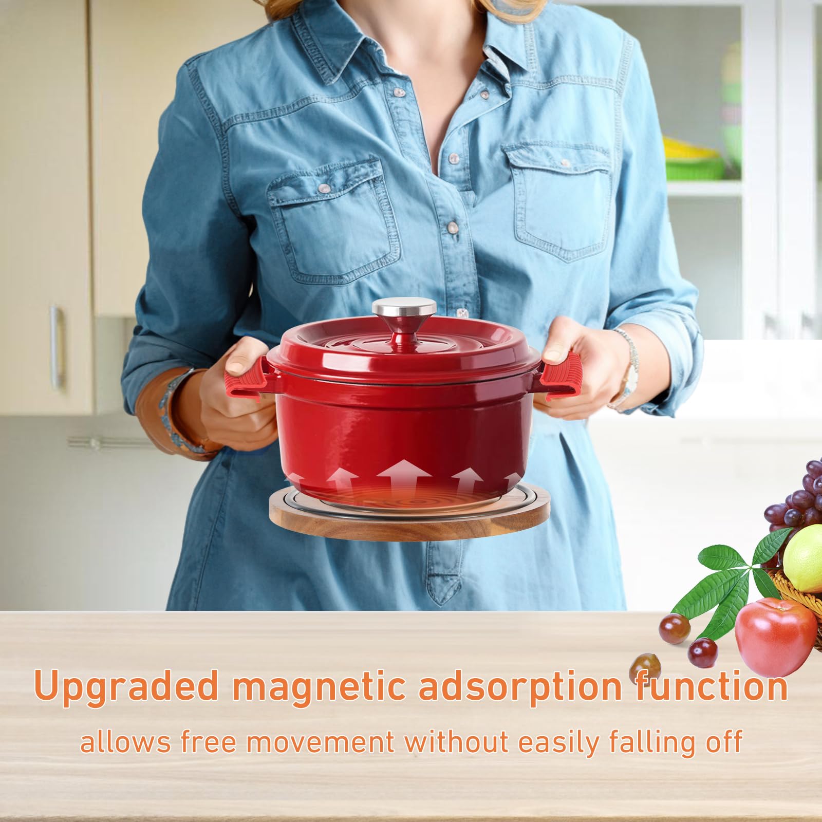 Enlisiwte magnetic trivet attached to cast iron for easy handling