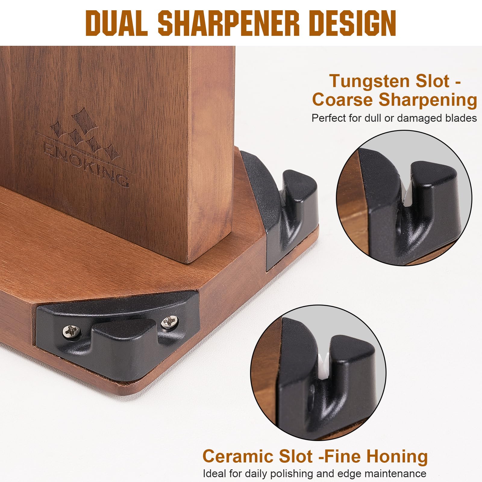ENOKING acacia wood knife holder showcases natural grain and sturdy blade support.