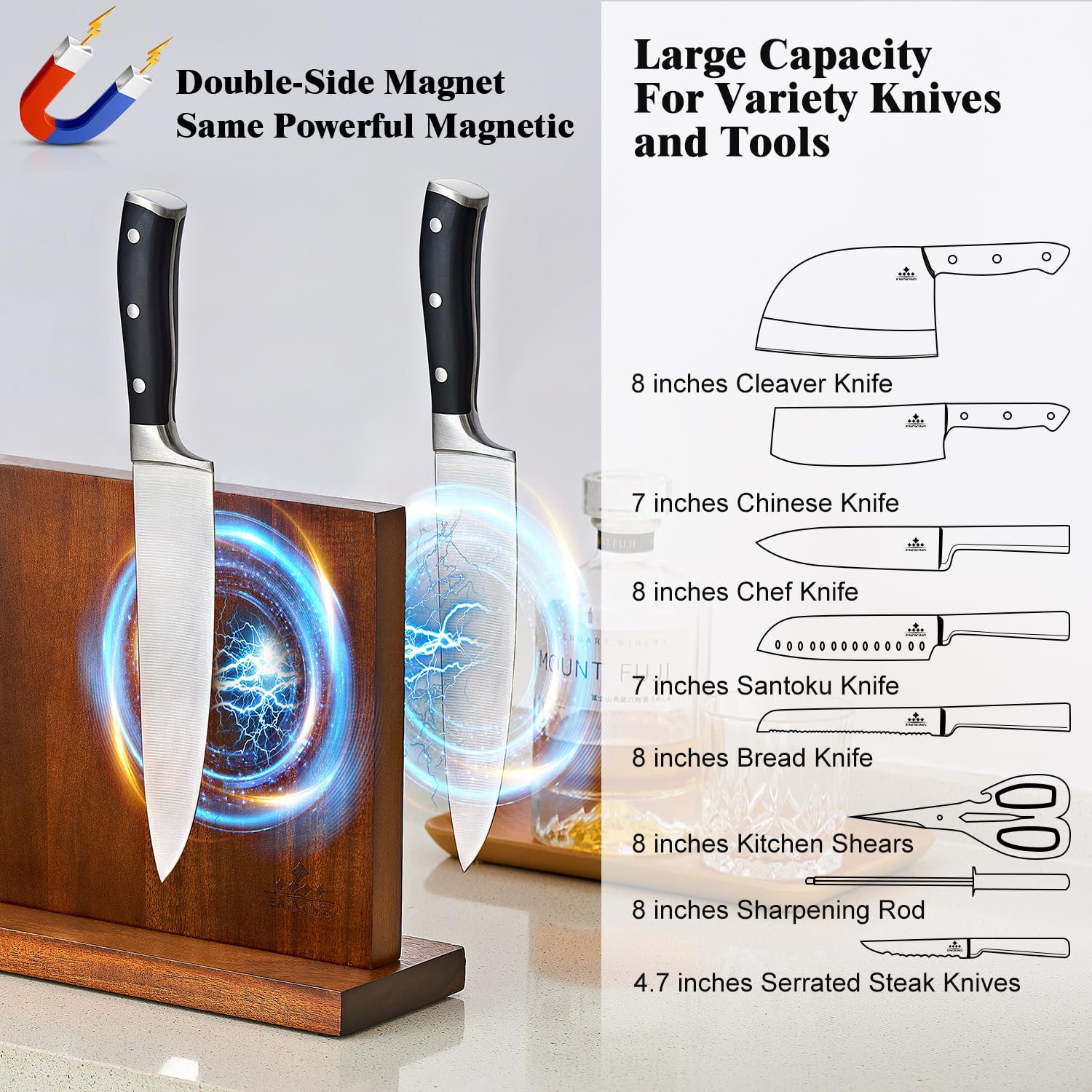 ENOKING acacia wood knife holder with durable grain and easy care.