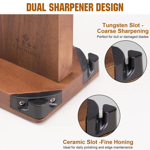 ENOKING acacia wood knife holder showcases natural grain and sturdy blade support.