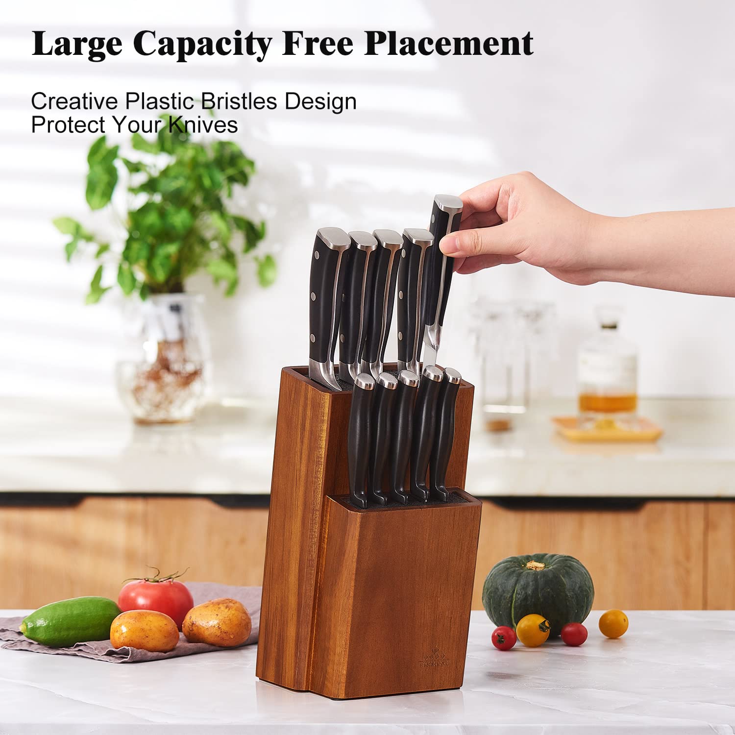 ENOKING acacia wood knife organizer showcases natural grain while protecting sharp edges.