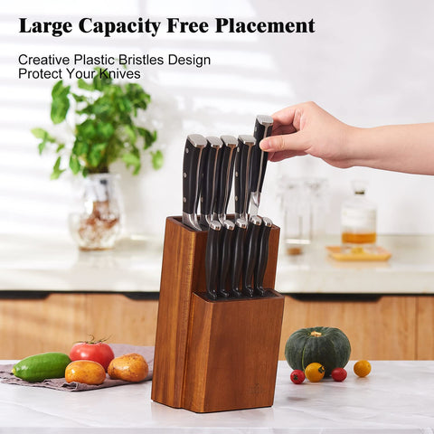 ENOKING acacia wood knife organizer showcases natural grain while protecting sharp edges.