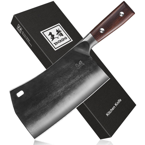 ENOKING 7.5-inch cleaver blade close-up showing a sharp 16-degree edge for precision cuts.
