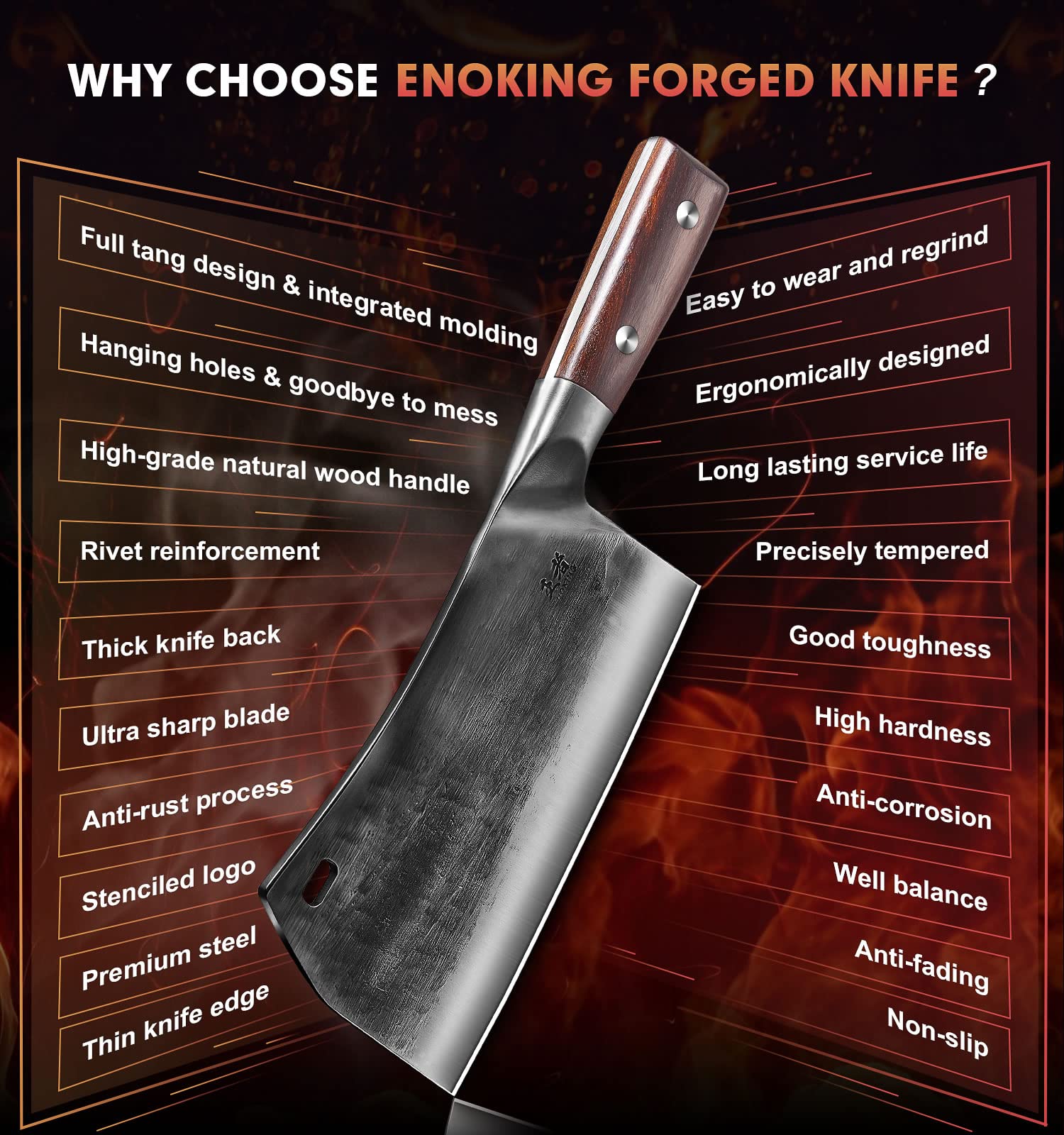 ENOKING cleaver reminding care with a dishwasher warning for proper maintenance.