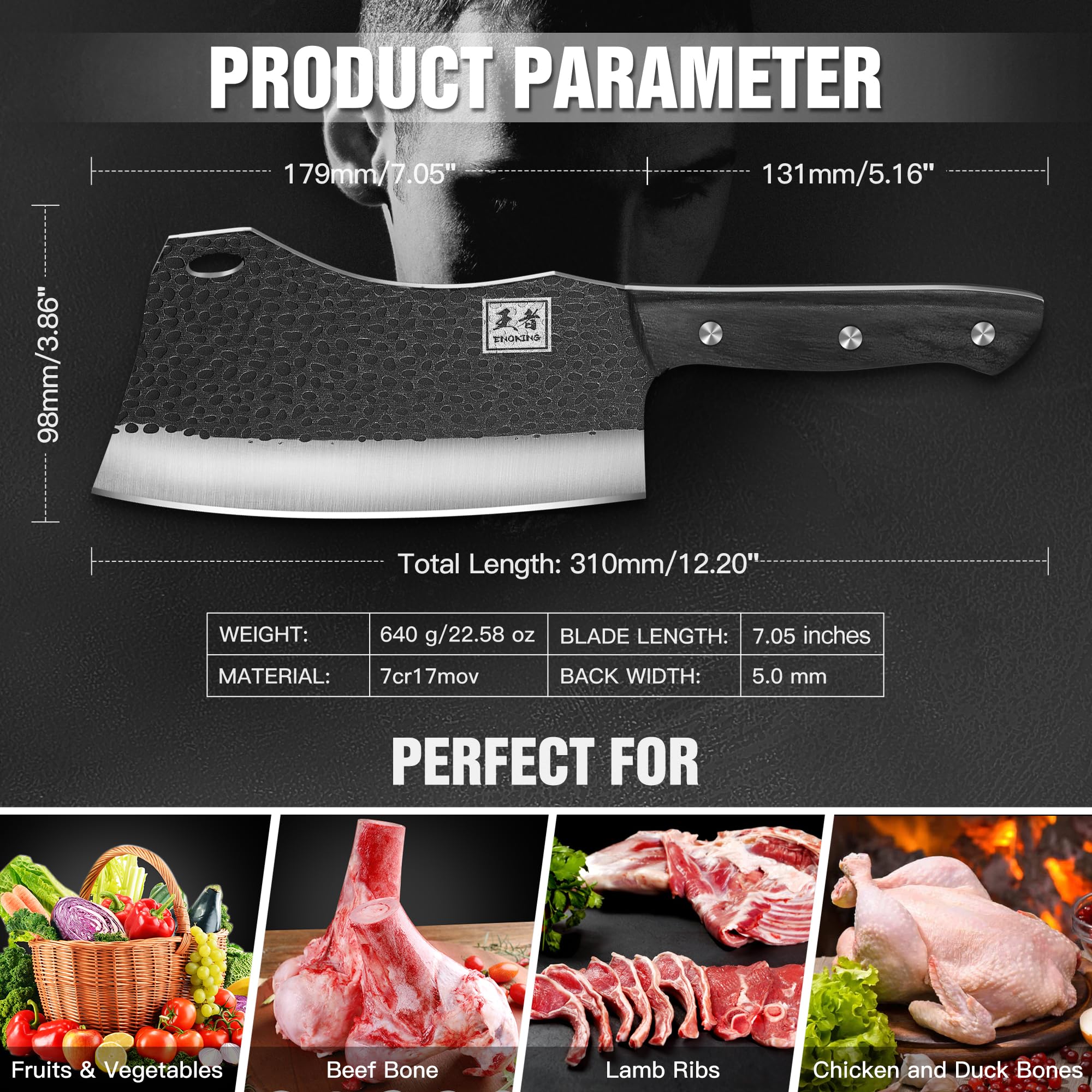 ENOKING cleaver with wooden handle in action for chopping vegetables and meat