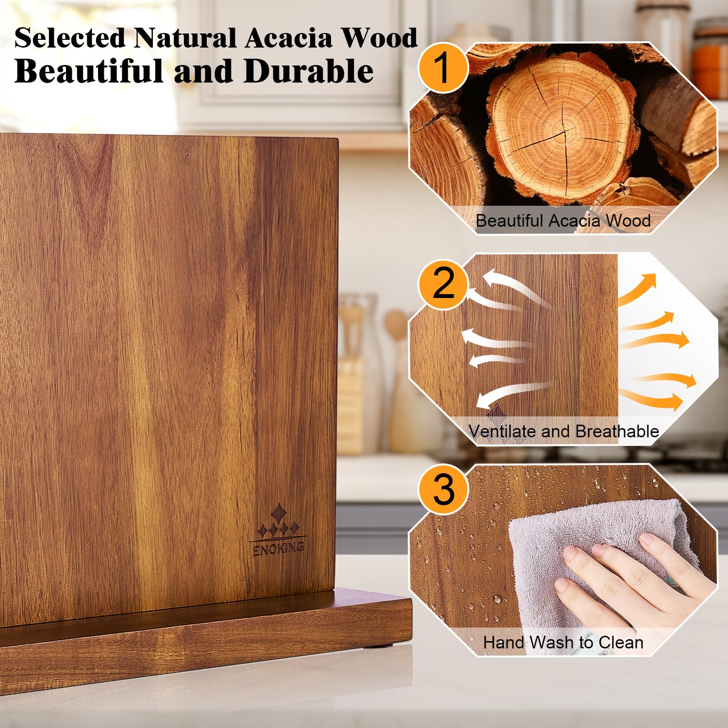 ENOKING knife block side view with magnetic doors illustrating expansive storage.