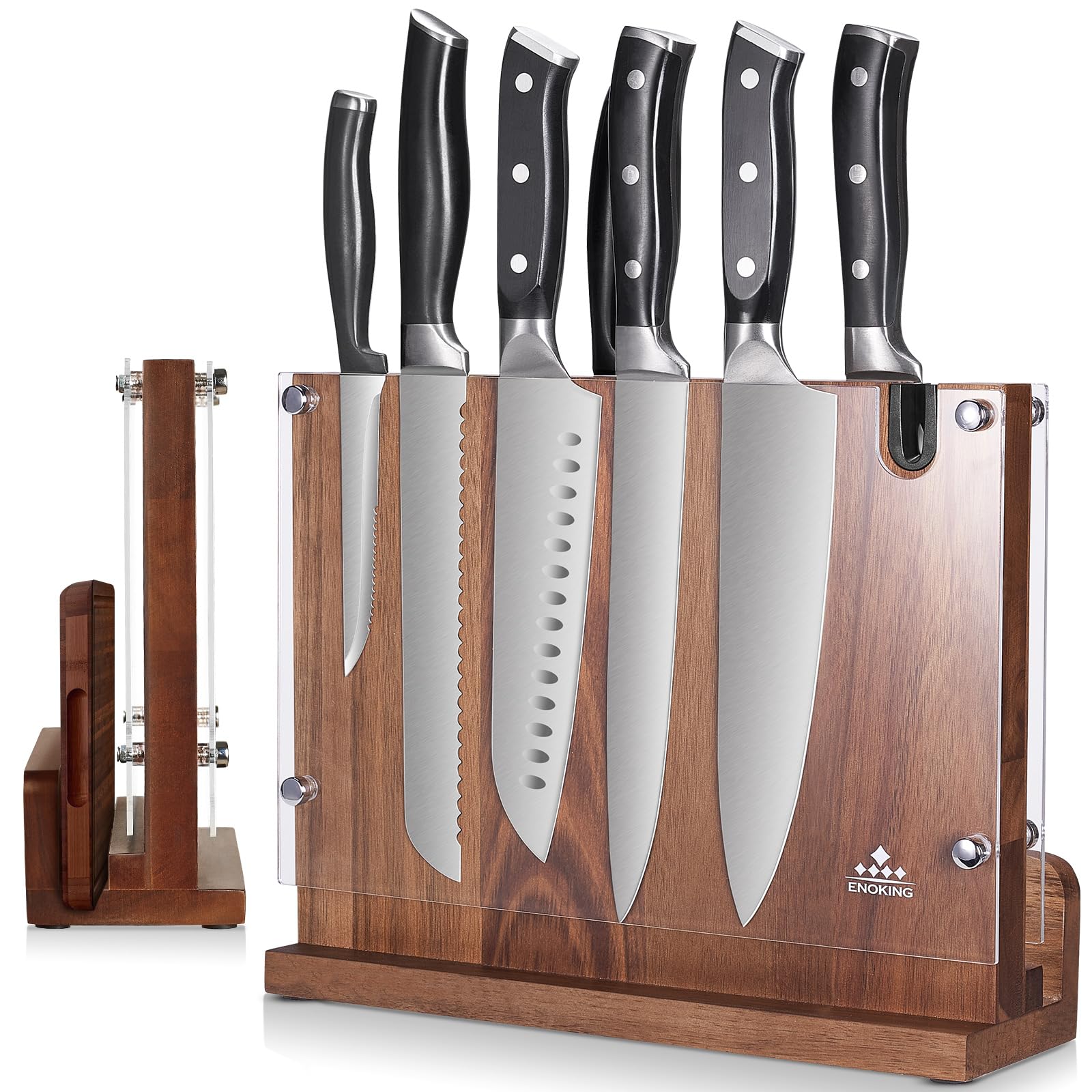 ENOKING magnetic knife block front view with built in sharpener for easy edge maintenance.