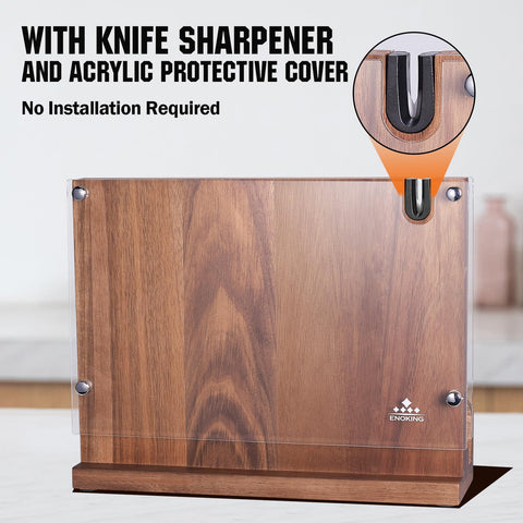 ENOKING magnetic knife block side view highlighting secure magnet grip for various blade sizes.