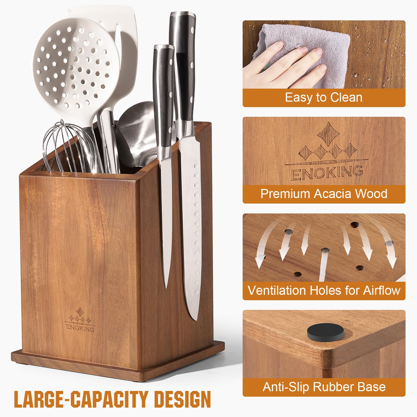 ENOKING acacia wood knife holder on a counter, organized and accessible