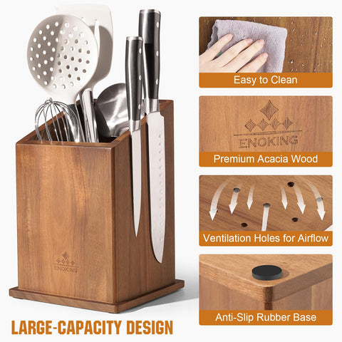 ENOKING acacia wood knife holder on a counter, organized and accessible