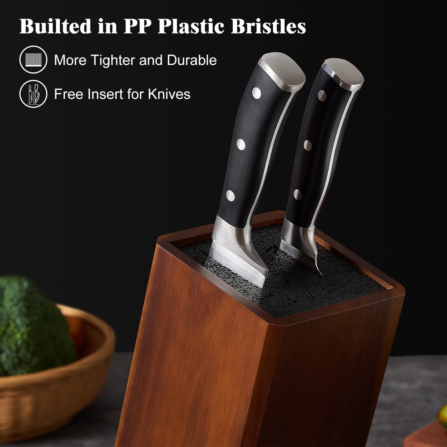 ENOKING acacia wood knife organizer adds natural durability and elegant grain to the kitchen.