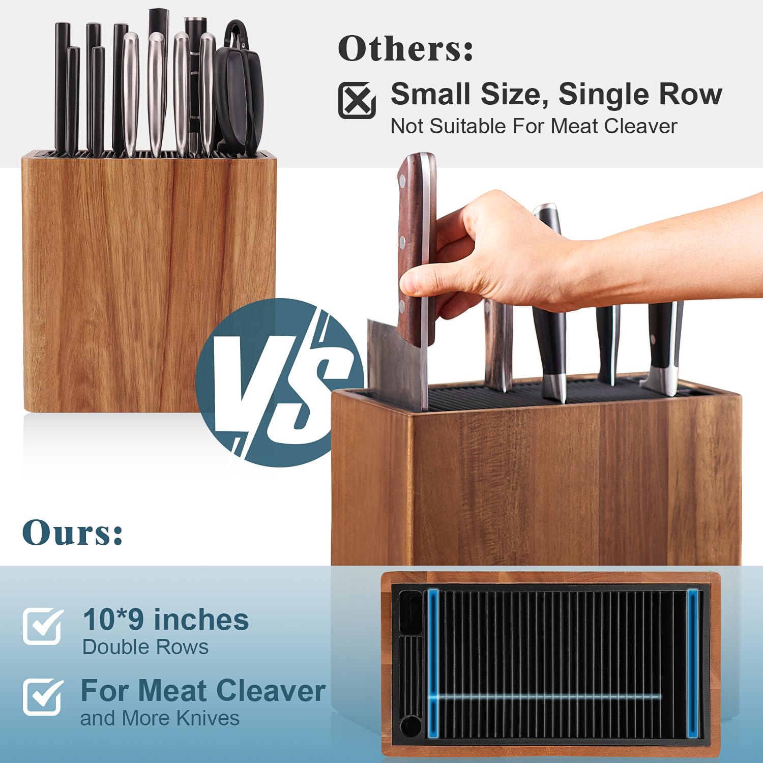 ENOKING XXL Acacia Knife Holder filled with blades and accessories for maximum capacity
