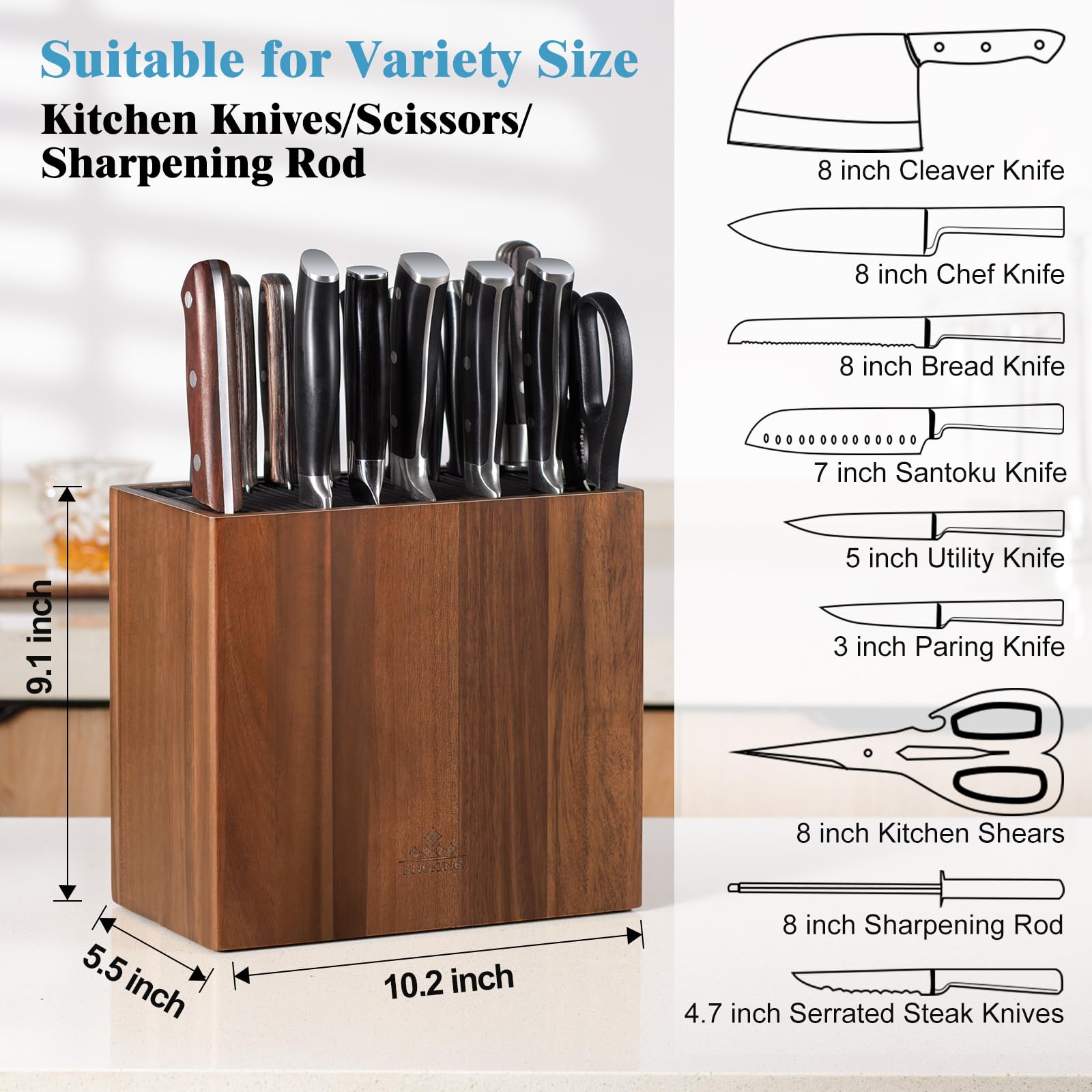 ENOKING Acacia Knife Holder with dual parallel slots for blade separation