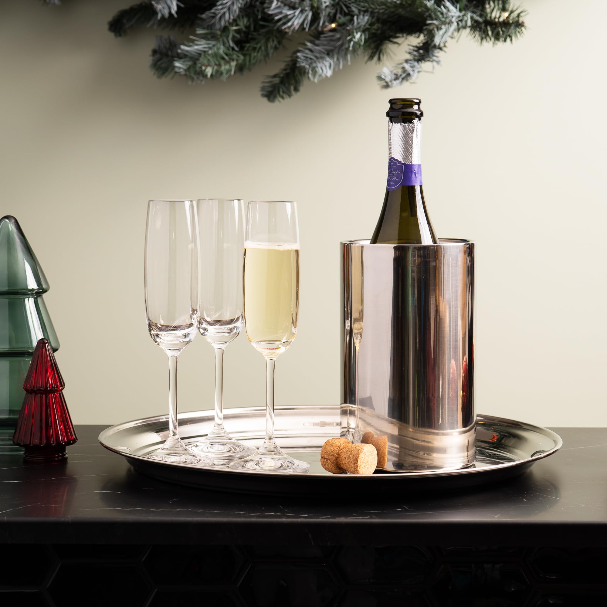 Enoluxe wine-chiller sleek-stainless-steel highlights durable, modern presentation for parties.