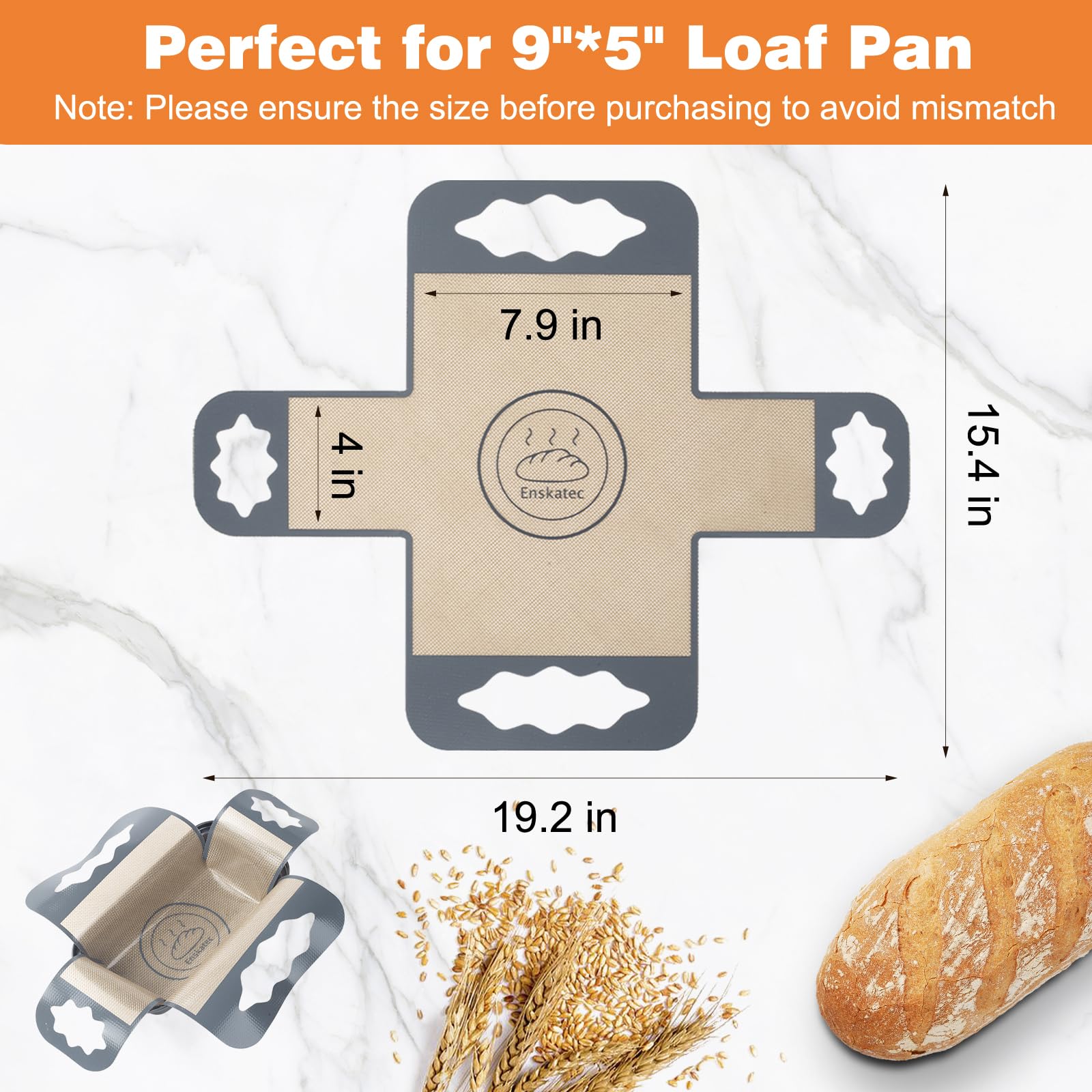 Enskatec silicone bread liner fits 9x5 inch loaf pans for even heat distribution.