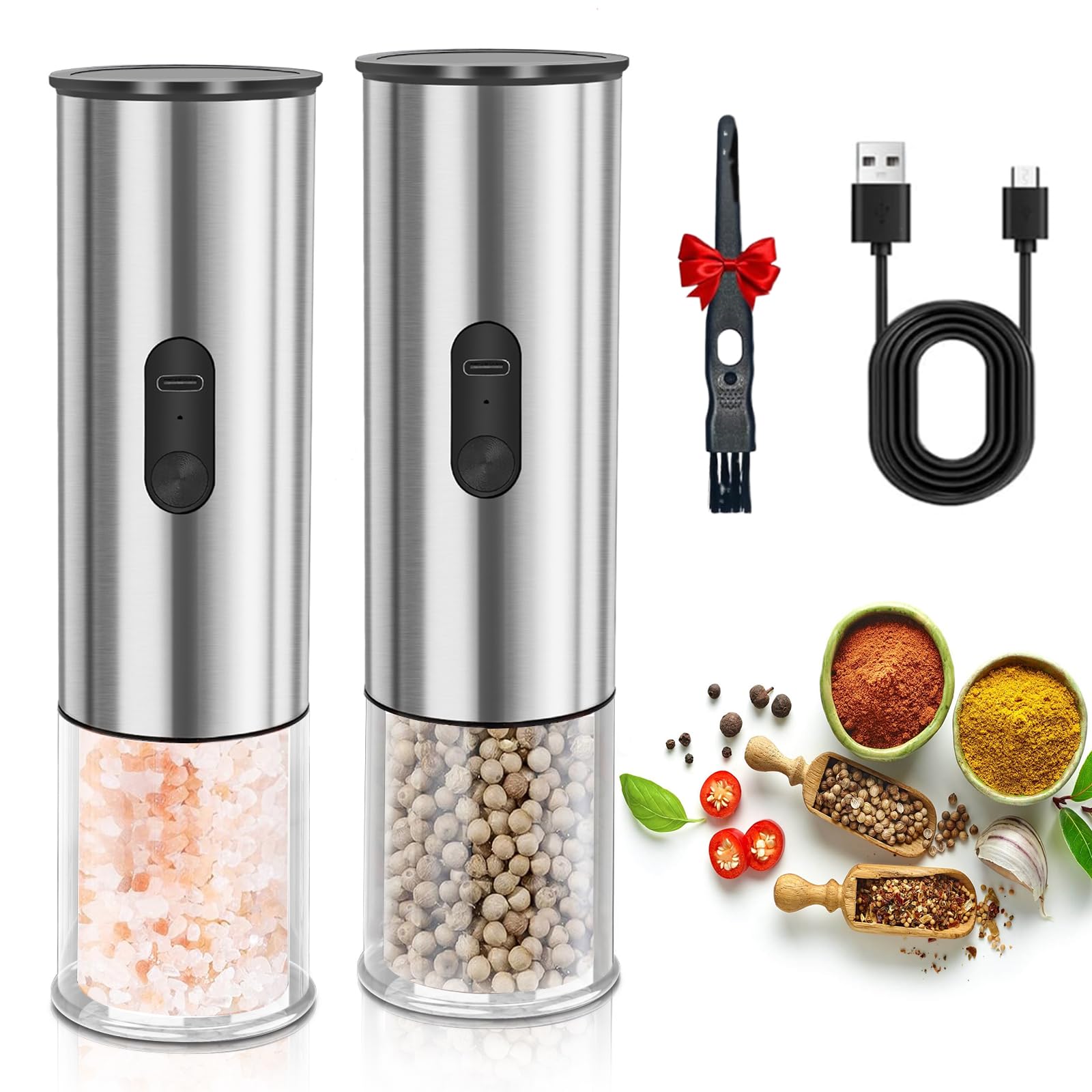 Enutogo electric salt and pepper grinder in action for one-handed seasoning precision.