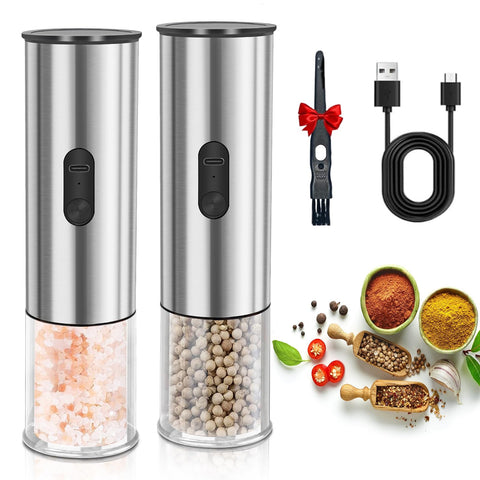 Enutogo electric salt and pepper grinder in action for one-handed seasoning precision.