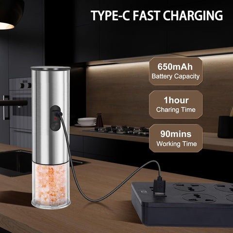 Enutogo rechargeable pepper mill with Type-C charging connector and indicator.
