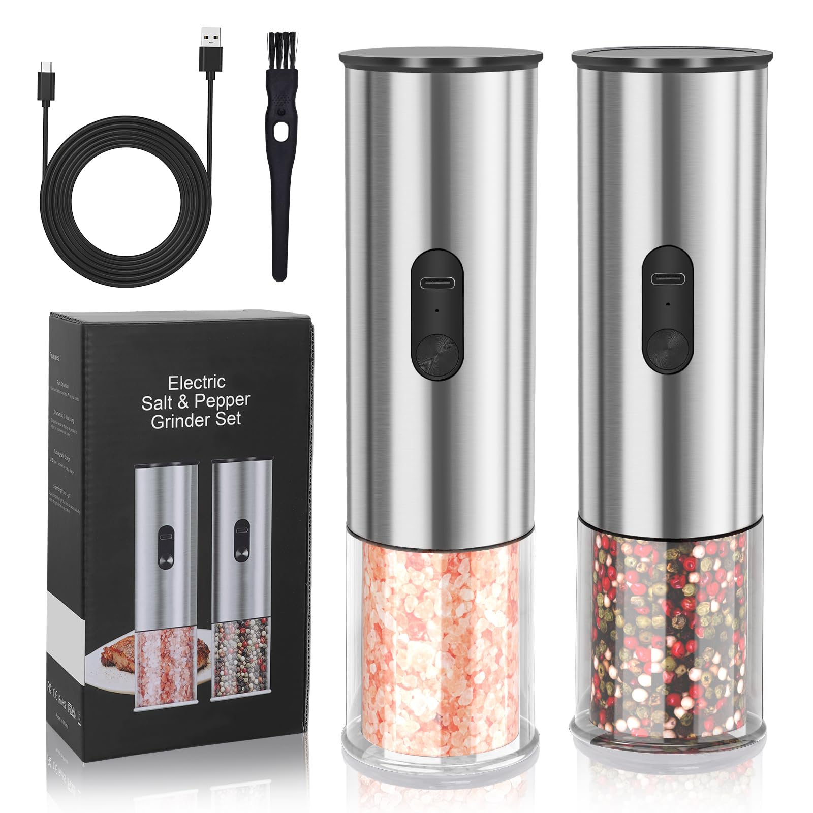 Enutogo salt and pepper grinder set with LED light for precise seasoning.