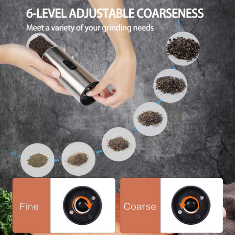 Enutogo six-level coarseness adjustment for tailored seasoning textures.