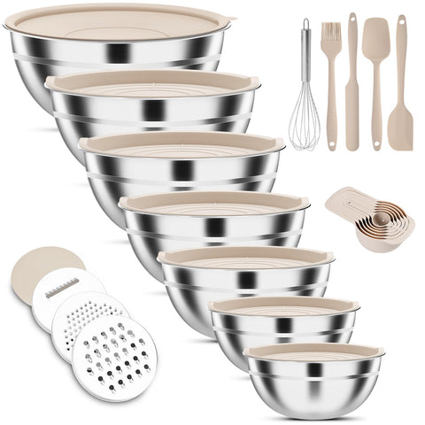 ENVTEK 7-piece mixing bowls with lids on a counter for versatile prep.