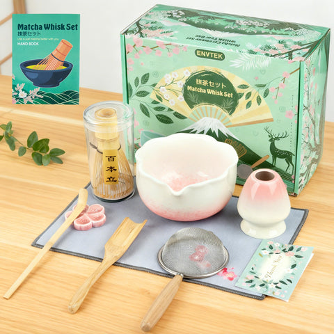 ENVTEK 8pcs set with floral bowl ready for a rich matcha ritual