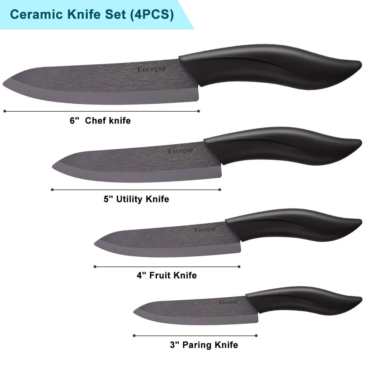 Eocogup ceramic knife set in black packaging for organized storage.