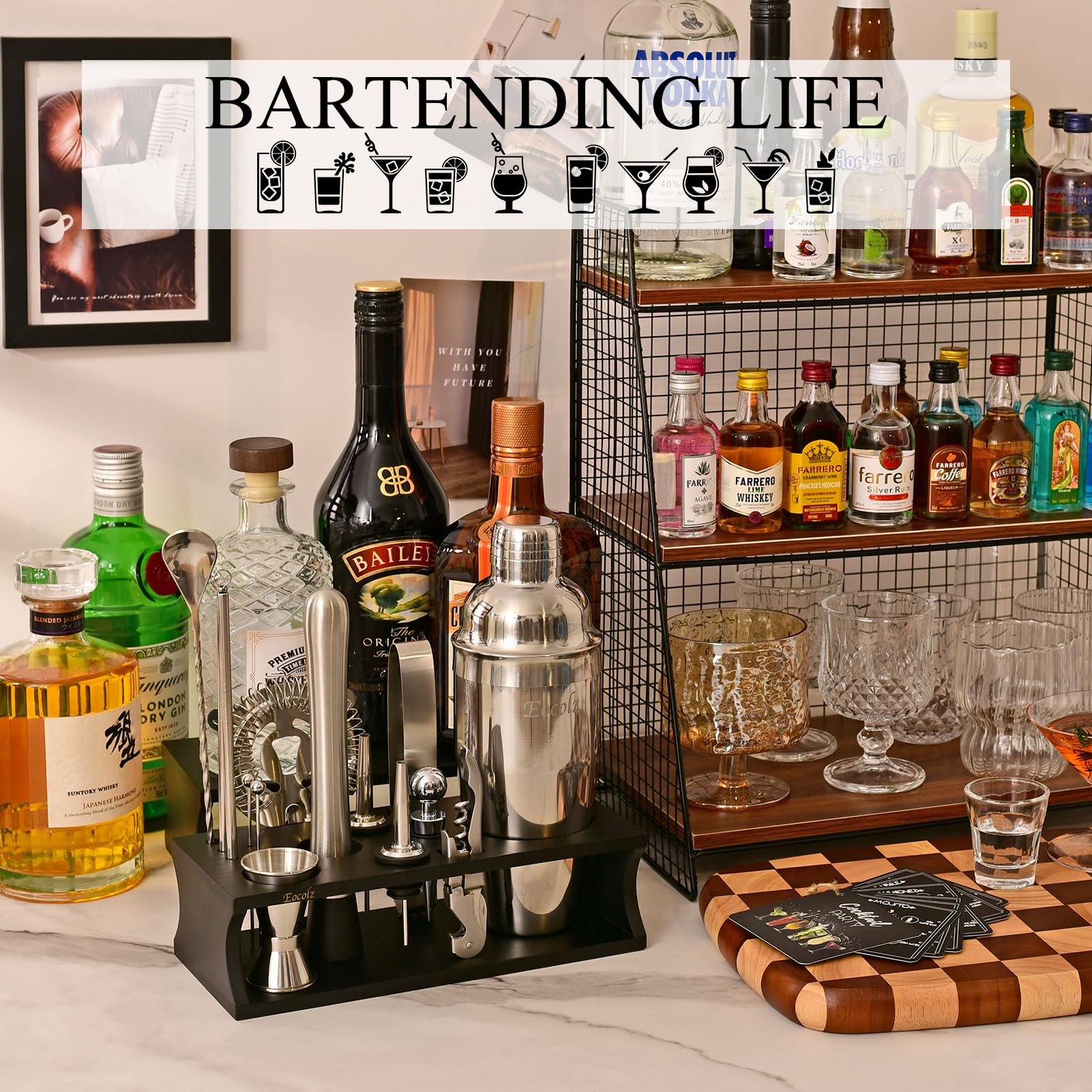Eocolz Liquor Pourers and Corkscrew streamline pouring and bottle access.