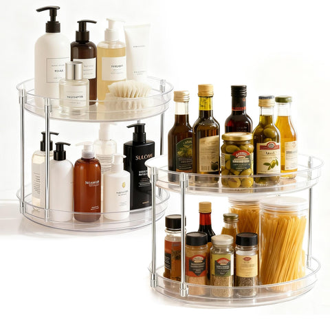 EODELLY 2-Pack 2-Tier Lazy Susan rotates to reach back-of-cabinet spices.