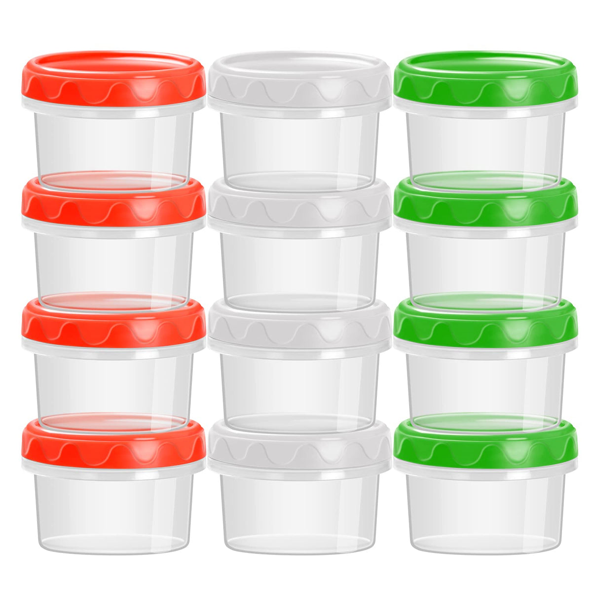 EONJOE 4oz plastic containers with lid on, ideal for portable snacks and mess-free storage.
